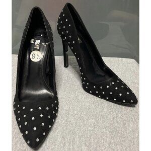 DKNY Gwen Studded Pointed Toe Black Suede Rhinestone Heels Pumps Size US 9.5